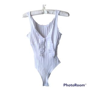 White Tank Bodysuit Tie Front Accent Shein Size XS Lettuce Trim Edging